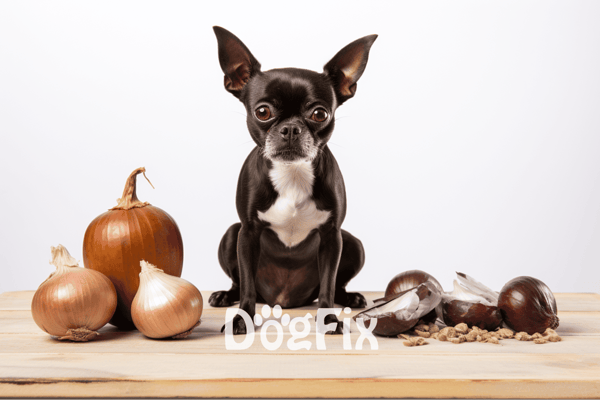 Adorable Chihuahua with onions and pumpkin on wooden table for healthy dog treats.