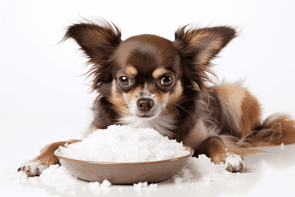 Adorable small dog with black, brown, and white fur resting near a bowl of salt.