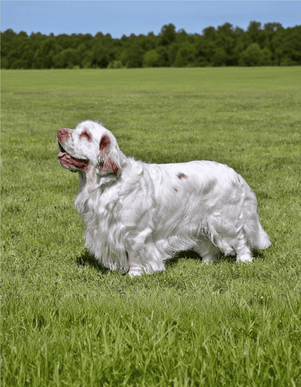 Fluffy white dog playing outdoors in a green field, sunny day, happy and relaxed.