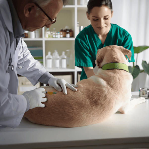 Veterinarian administering vaccine to a dog in a clinic.