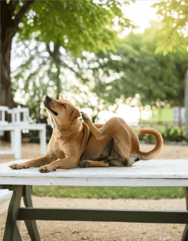 Dog lying on a white outdoor table under large green trees, stretching happily in a sunny park.