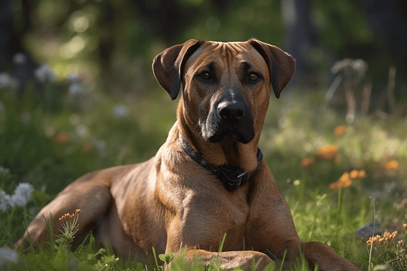 Friendly shelter dog lying on grass in a natural outdoor setting.