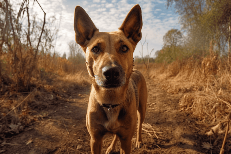 Dog on trail in nature.