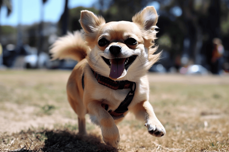 Adorable small dog excitedly running in park on a sunny day.