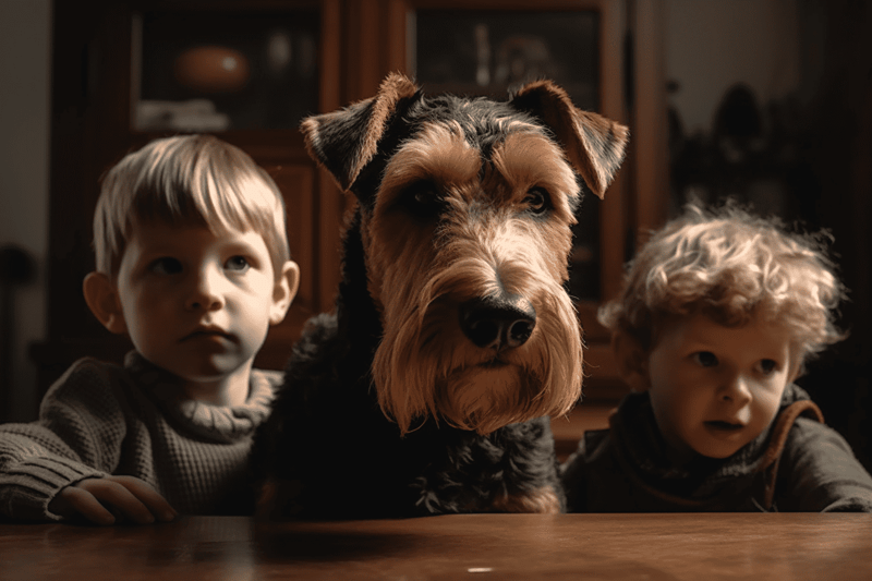 Adorable children with lovable dog indoors.
