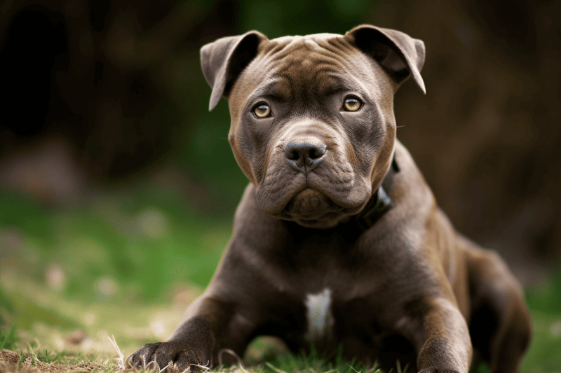 Cute brown Pitbull puppy with piercing eyes resting outdoors.
