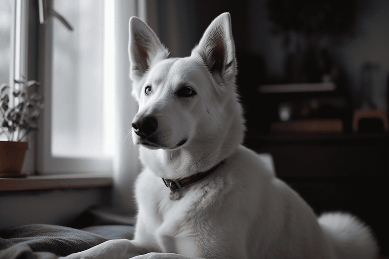 Adorable white husky sitting by a window, showcasing playful and loyal dog behavior. Perfect for dog lovers and pet care.