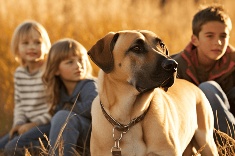 Friendly dog with kids playing outside in warm sunlight.