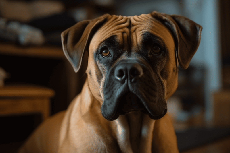 Dog breed close-up, adorable large dog with a muscular build and expressive eyes, indoor setting.