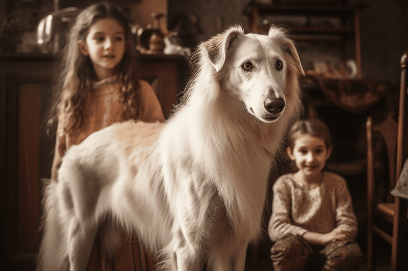 A friendly, calm dog enjoying indoor play with young children, highlighting pet therapy and family pet bonding.