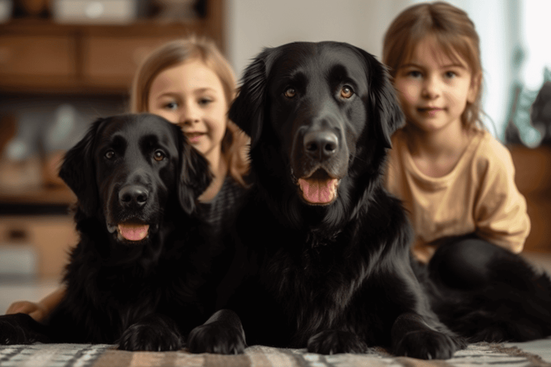 Adorable black retriever puppies with children indoors, highlighting pet care and family bonding.