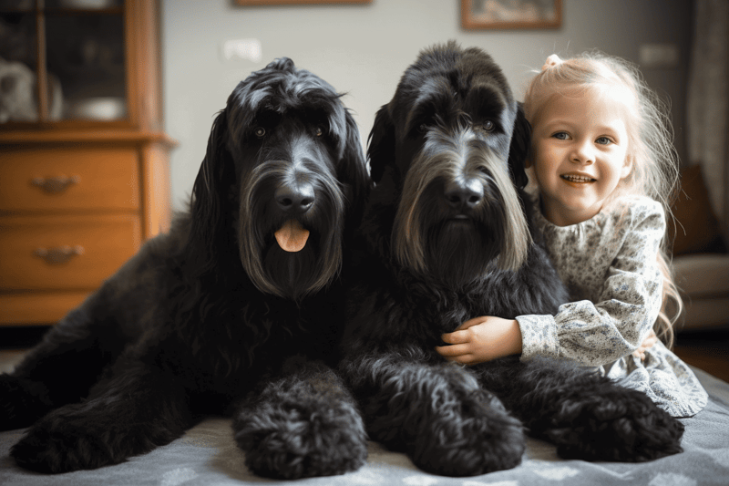 Adorable child hugging two large black dogs, happy and loving companionship.