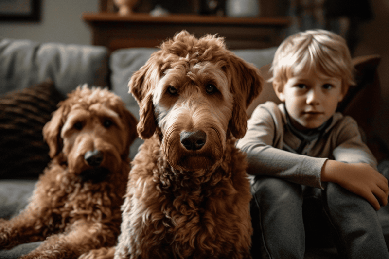 Adorable Labradoodle dogs and a young boy relaxing together on a comfortable couch, perfect for family pet moments.