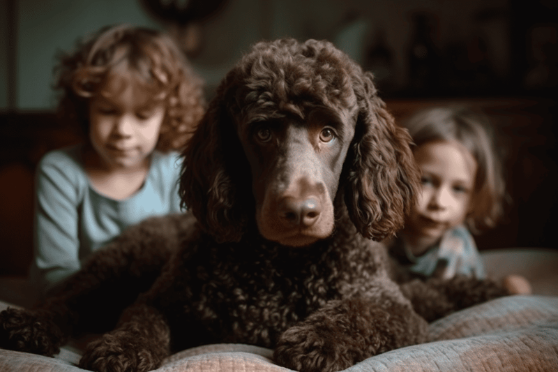 Adorable brown puppy with children, indoor cozy setting, happy family pet, playful dog.