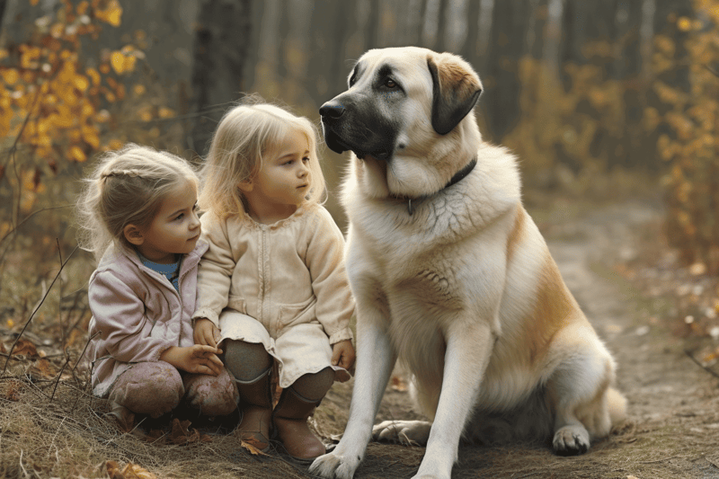 Dog and kids enjoying outdoor adventure in fall scenery.