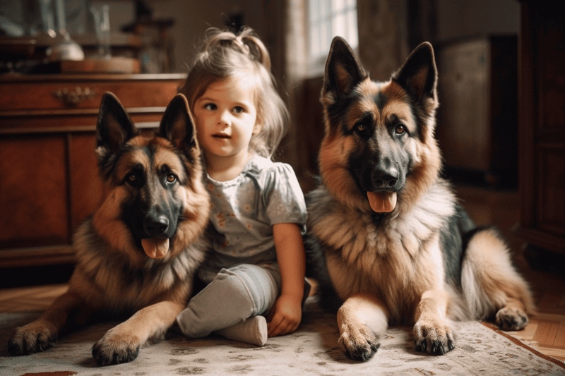 Adorable girl sitting with two German Shepherds at home, showing love for pets.