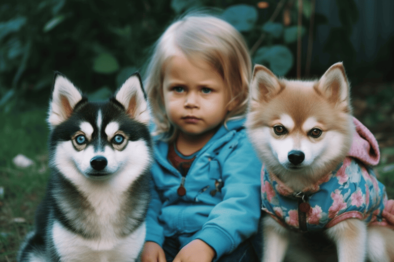 Adorable puppies with a child outdoors, emphasizing dog rescue and companionship.
