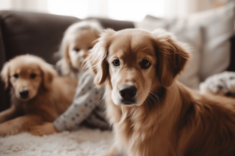 Adorable Goldendoodle puppies relaxing at home, perfect for dog lovers and pet adoption.