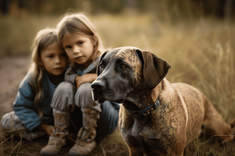 Adorable rescue dogs with children enjoying outdoor countryside setting.