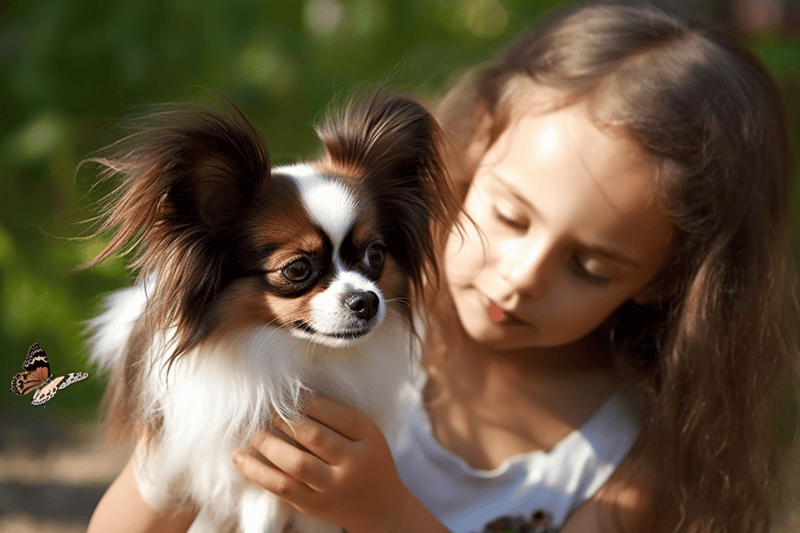 Playful dog with a girl outdoors, fostering pet companionship and joy.