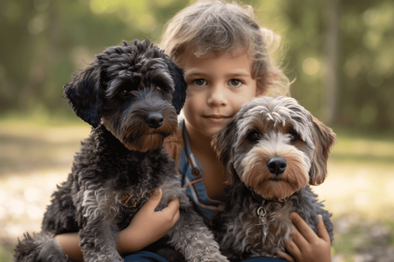 Cute young boy holding two fluffy dogs in park, safe and happy dog ownership, furry friends, pet photography, dog rescue.