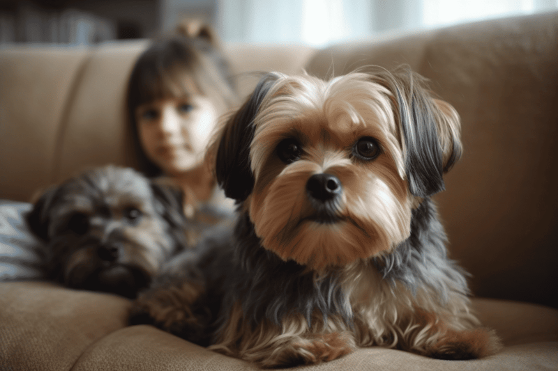 Adorable small dog relaxing on a cozy sofa with puppies, perfect for pets at home, dog health, and family pet care.