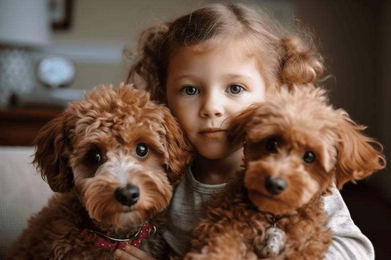 Adorable girl with two fluffy, brown poodle puppies on her shoulders, showcasing pet care.