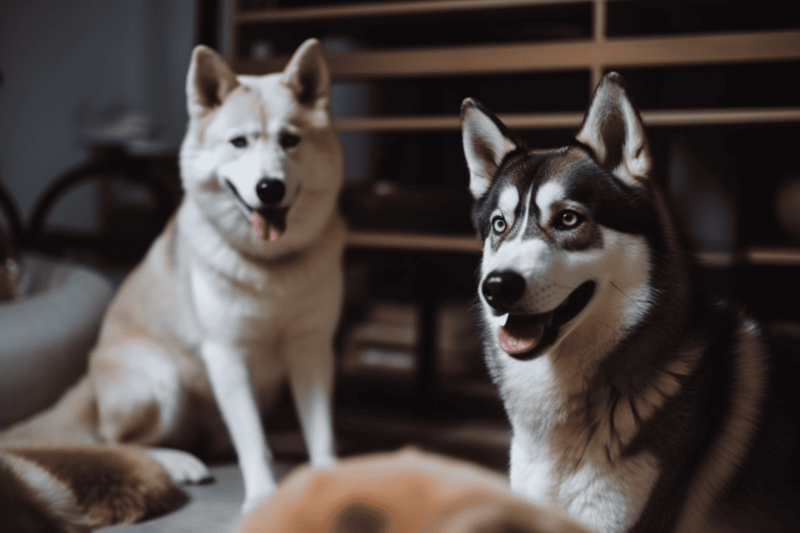 Adorable Siberian Huskies sitting together in cozy home setting.