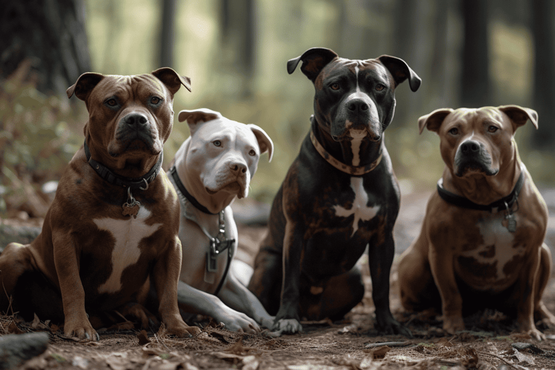 Adorable pitbull dogs sitting together in a peaceful forest setting.