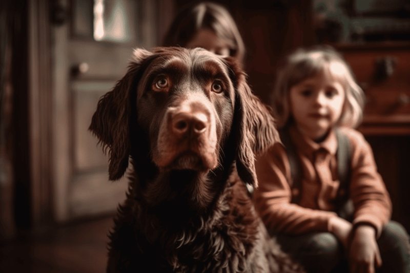 Close-up of a playful brown Labrador retriever with two children at home.