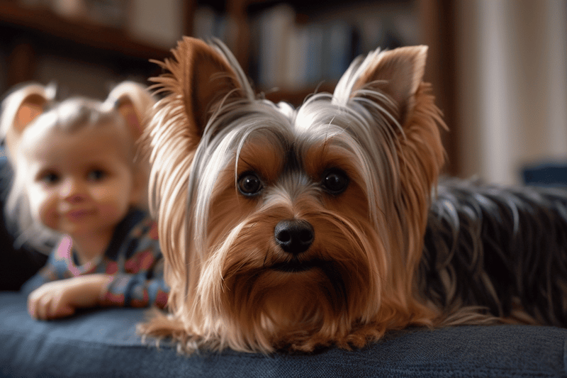 Cute Yorkshire Terrier dog lying on sofa.