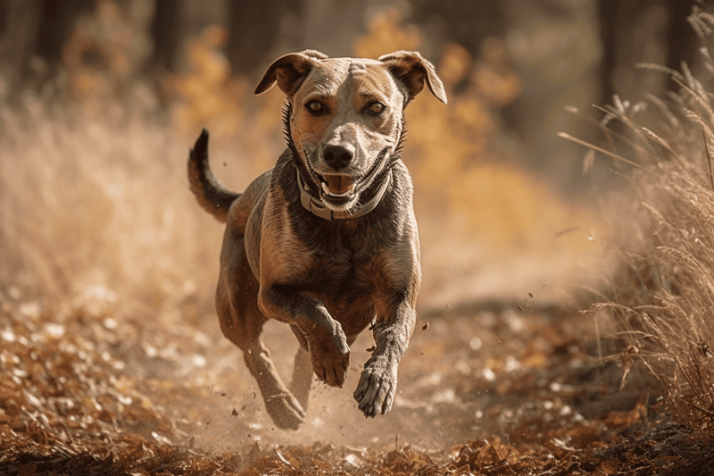 Bright-eyed dog running in autumn landscape for exercise and fun.
