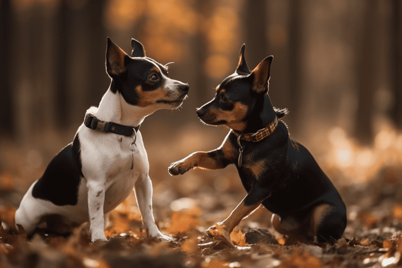 Adorable puppies interacting in a forest setting, showcasing playful and friendly dog behavior.