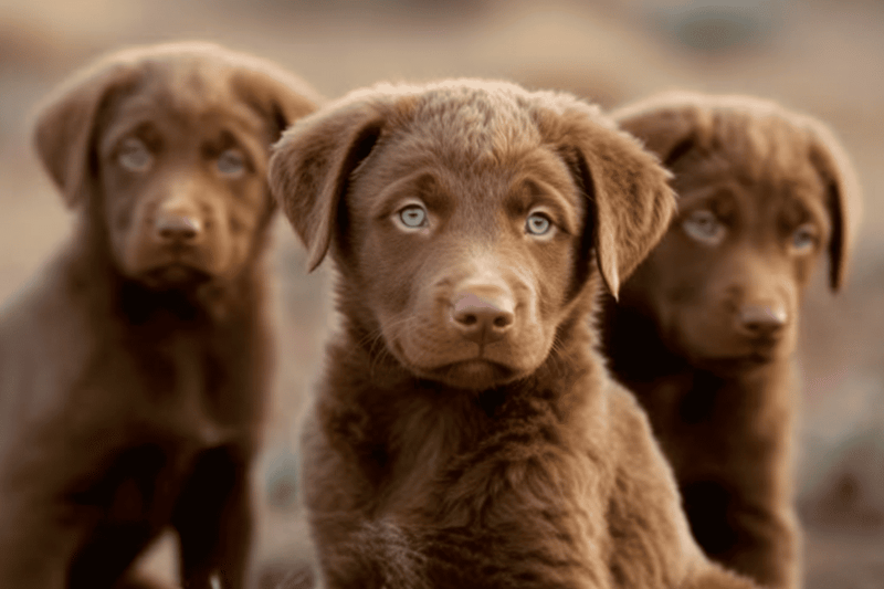 Adorable brown puppies with piercing blue eyes in a natural setting.