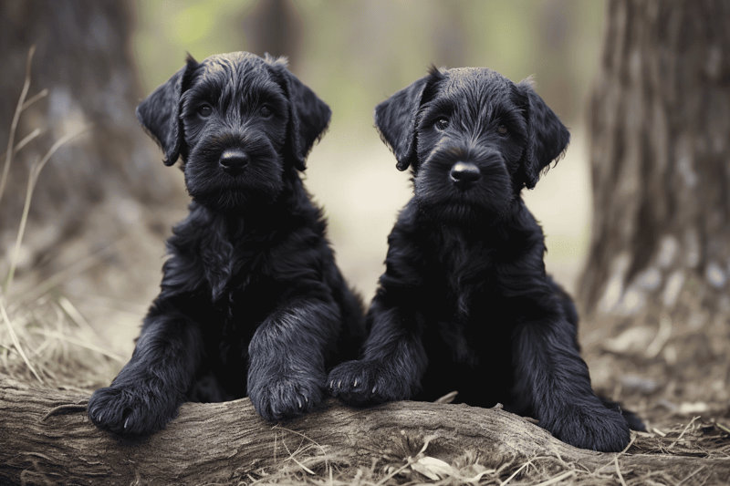 Cute black Labrador puppies, playful and adorable, sitting on a log in the forest.