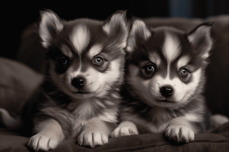 Cute Siberian Husky puppies lying on soft blanket, adorable and playful, perfect for dog lovers and pet adoption.