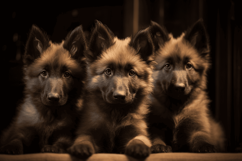 Cute German Shepherd puppies, furry and adorable, sitting closely in a warm environment.