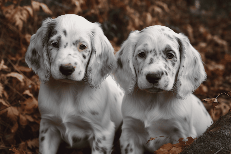 Cute English Setter puppies sitting outdoors, breed-specific dog photos for pet care and training.