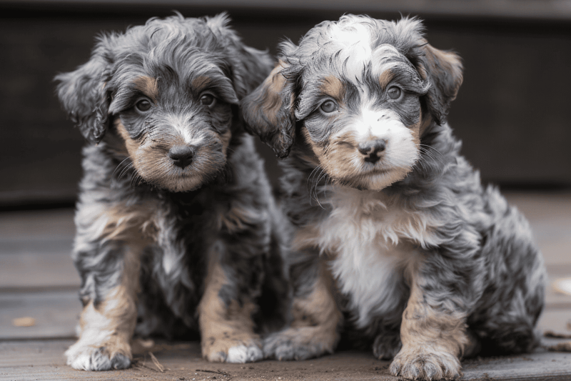 Adorable Australian Shepherd puppies sitting side by side outdoors on a wooden surface.