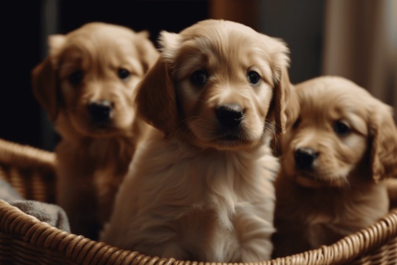 Adorable golden retriever puppies in a cozy basket, perfect for pet lovers searching for puppies.
