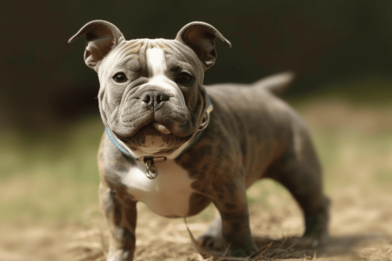 Adorable bulldog puppy standing outdoors with a blurred natural background.