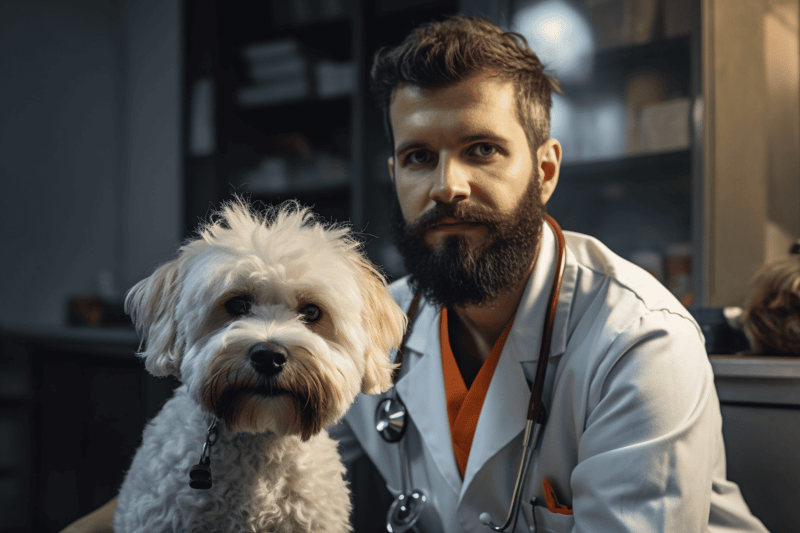 Veterinarian and adorable dog in a veterinary clinic, emphasizing pet health services.