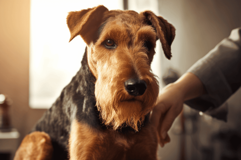 A well-groomed Airedale Terrier getting a professional grooming session.