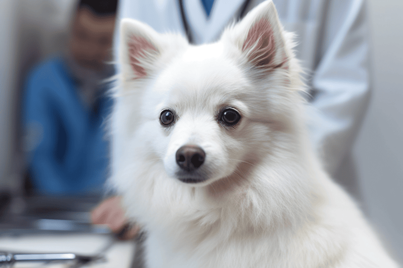 Adorable white puppy receiving veterinary checkup at clinic. Healthy dog grooming, wellness exam, pet care.
