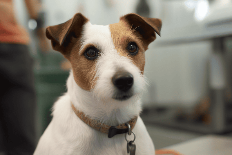 A close-up of a small Jack Russell Terrier puppy with a curious expression, inside a modern veterinary or grooming clinic.