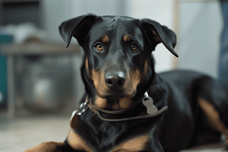 Adorable black and tan dog lying indoors, looking curiously at the camera.
