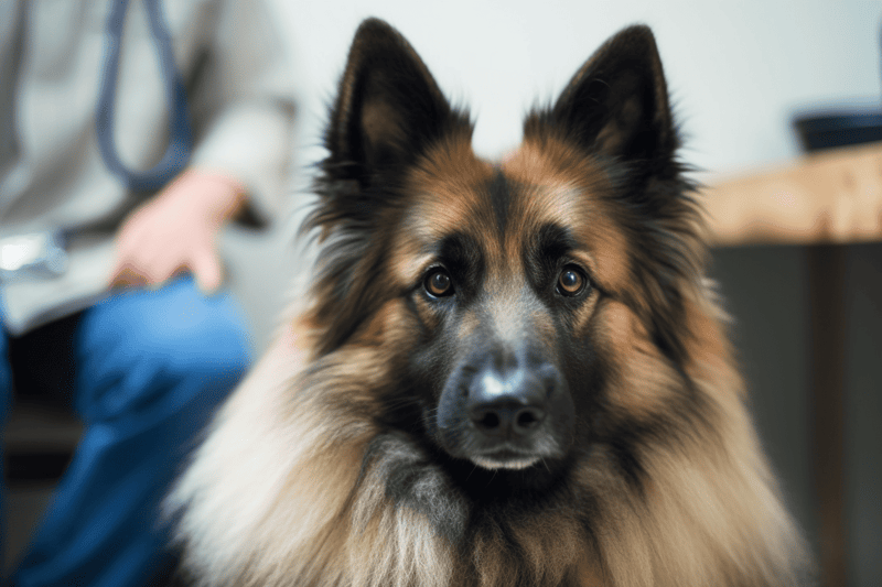 A close-up of a German Shepherd dog at a veterinary appointment with a veterinarian in the background.