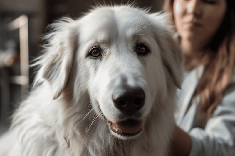 Friendly white retriever dog close-up, pet care, dog grooming, dog health, dog training, dog accessories, dog behavior, dog breeds, pet adoption, dog wellness.