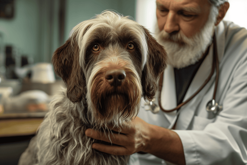 A veterinarian gently checks a large, affectionate dog during a routine checkup in a cozy clinic setting.