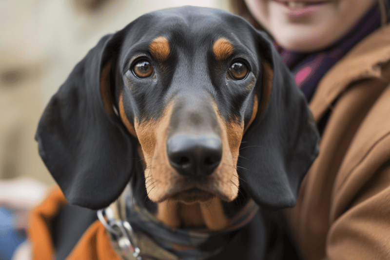 Close-up of a calm and friendly black and tan hound dog with droopy ears, held by a person, showcasing pet safety and health.